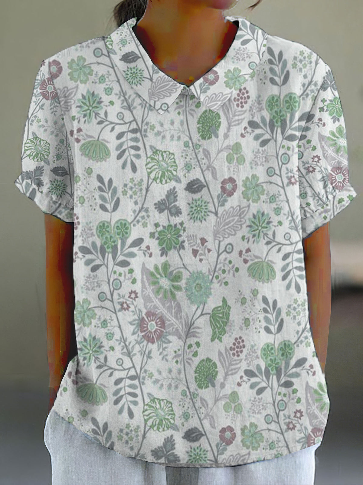Comstylish Women's Pastoral Floral Art Print Casual Cotton Linen Shirt