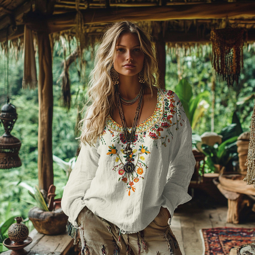 Comstylish Vintage Bohemian Floral Embroidery Linen Blend Shirt