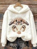 Lovely Bunny & Snow Embroidered Cozy Plush Hoodie