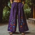 Bohemian Holiday Style Linen Bohemian Floral Print Linen Long Loose Wide-leg Pants artswardrobe