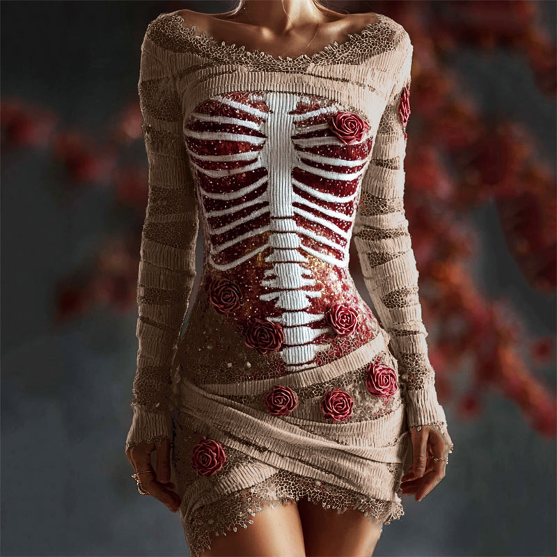 Comstylish Halloween Bloody Red Roses Rib Cage Lace Comfy Mini Dress