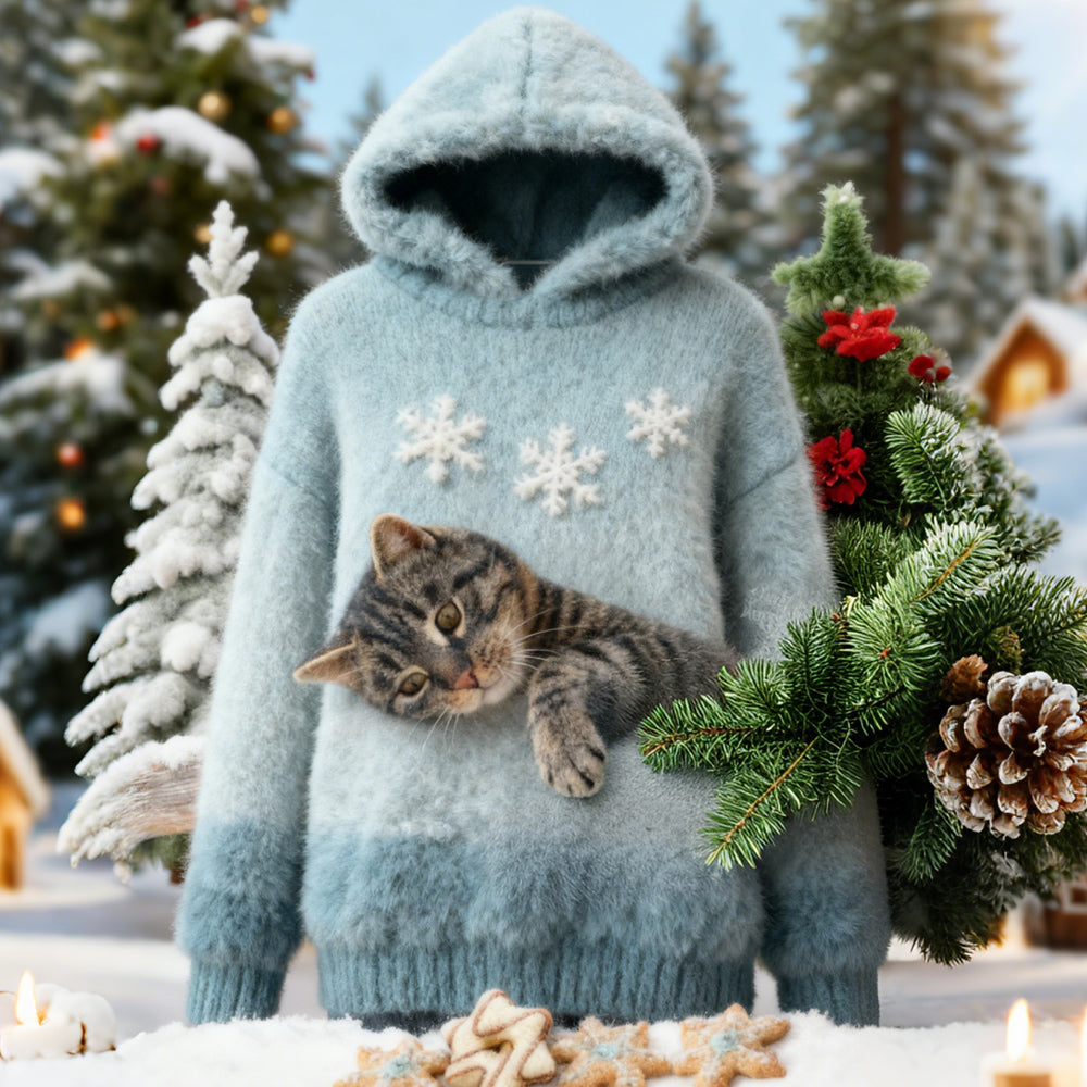 Comstylish Christmas Cat Felt Art Women's Hooded Plush Sweater