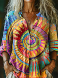 Women's Art Painting Contrast Fabric Interesting Print Long Sleeve Shi