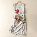 Comstylish Vintage Japanese Ink Flower Art Sleeveless Cotton And Linen Midi Dress