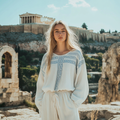 Comstylish Women's Greek Key Linen Crew Neck Shirt
