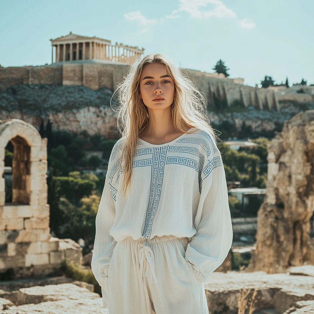 Comstylish Women's Greek Key Linen Crew Neck Shirt