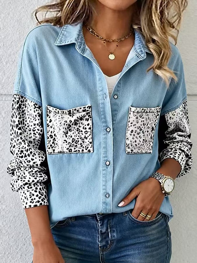 Women'S Casual Lapel Loose Leopard Print Denim Shirt 