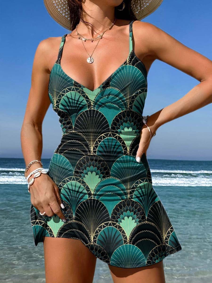 V-Neck Green Geometric Leaves Art Print Suspender Skirt Tankini Pantskirt Set Swimsuit