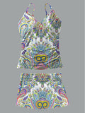 Women's Vintage Bohemian Floral Print Shirred Suspender Swimsuit Set