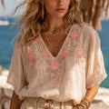 Women's Vintage Pink Floral Embroidered V-neck Short Sleeve T-shirt artswardrobe