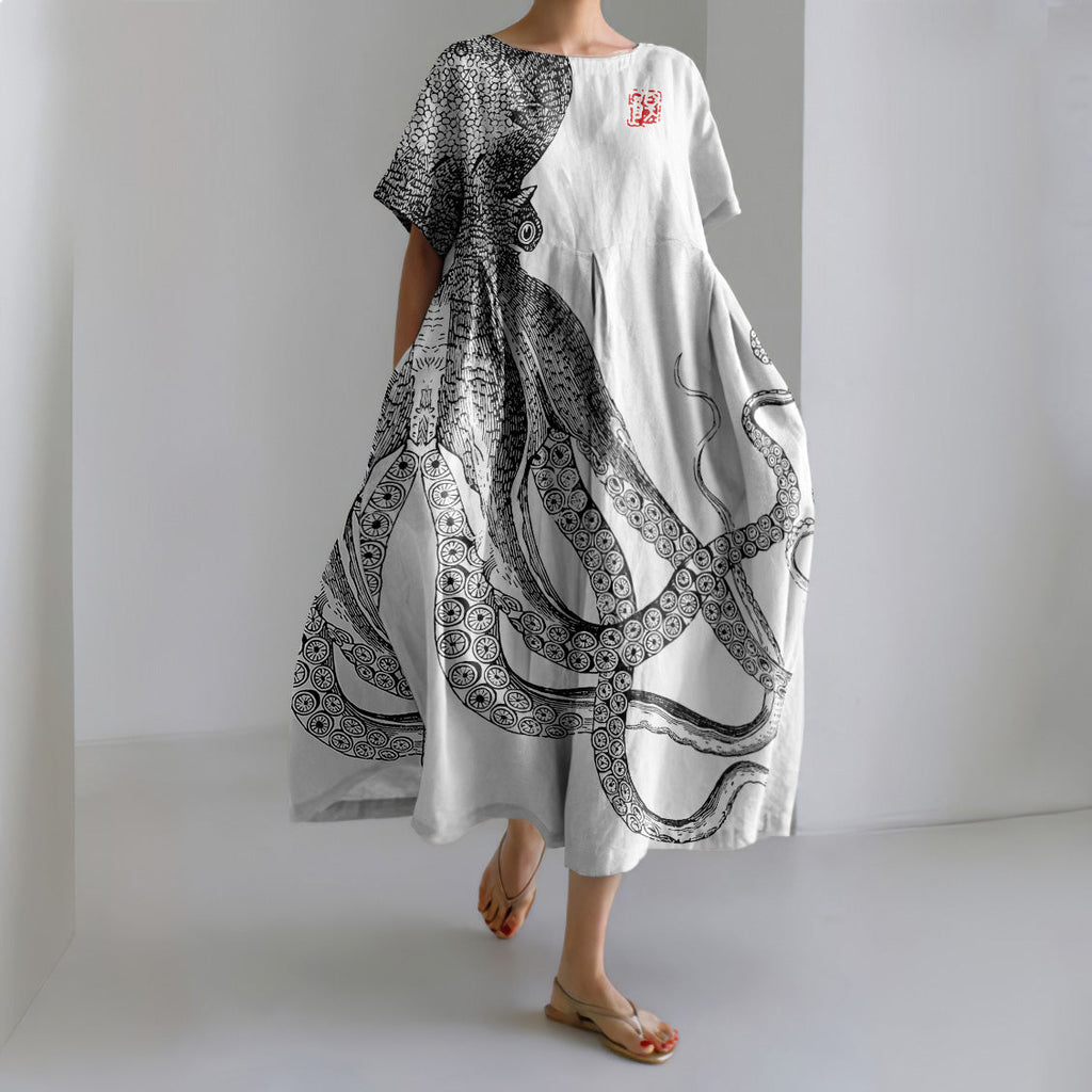 Comstylish Japanese Art Octopus And Crab Print Casual Art Linen Blend Maxi Dress