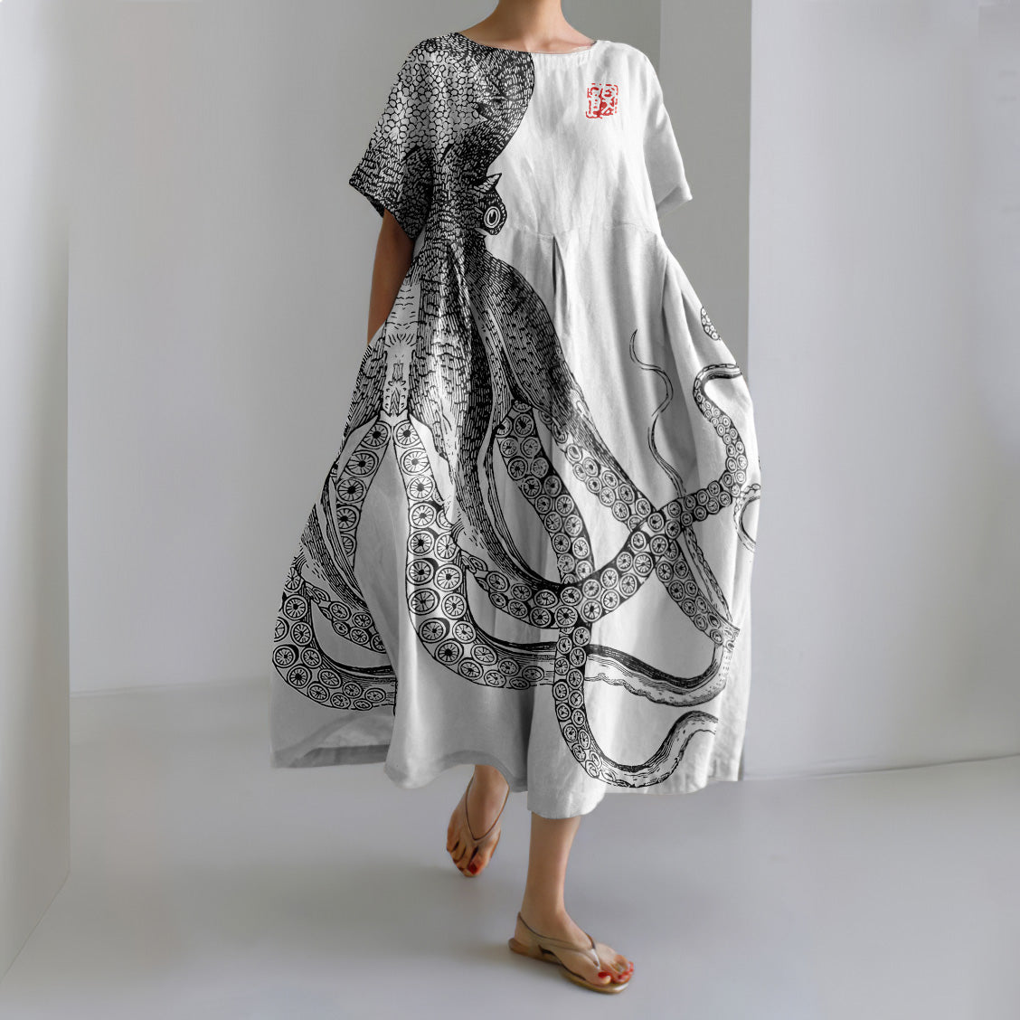 Comstylish Japanese Art Octopus And Crab Print Casual Art Linen Blend Maxi Dress