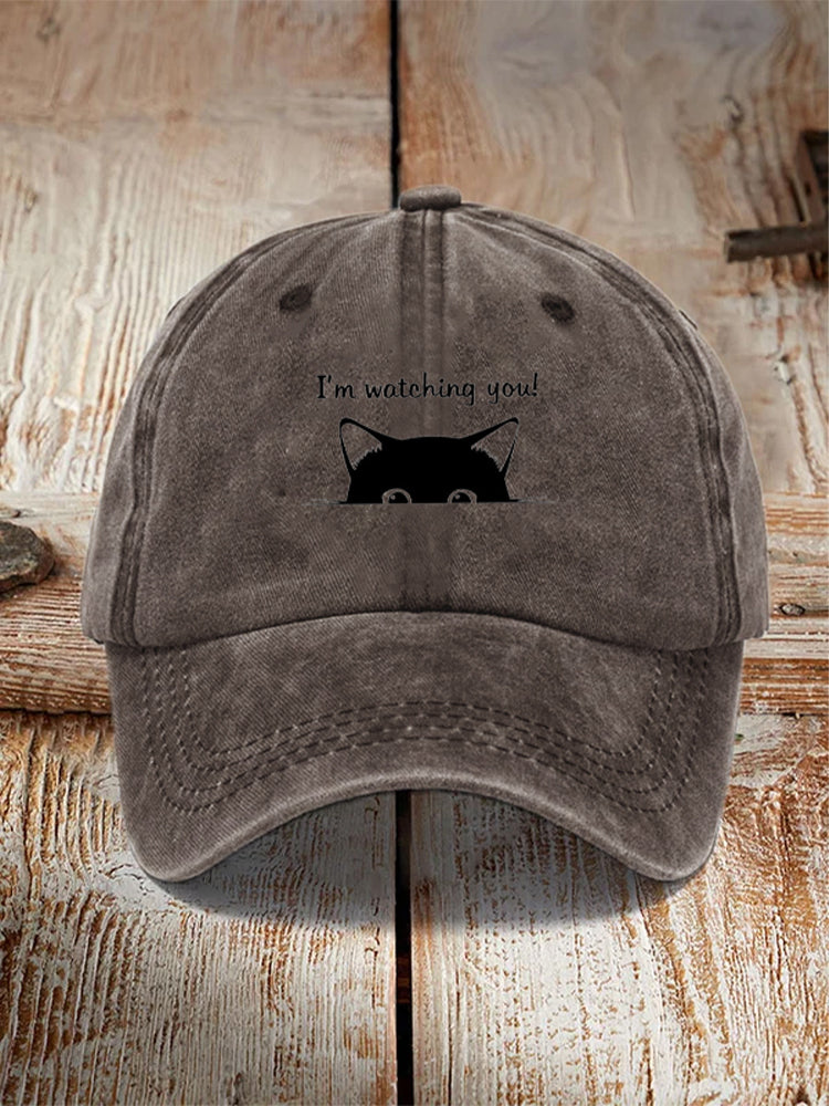 Comstylish I'm Watching You! Black Cat Print Washed Hat