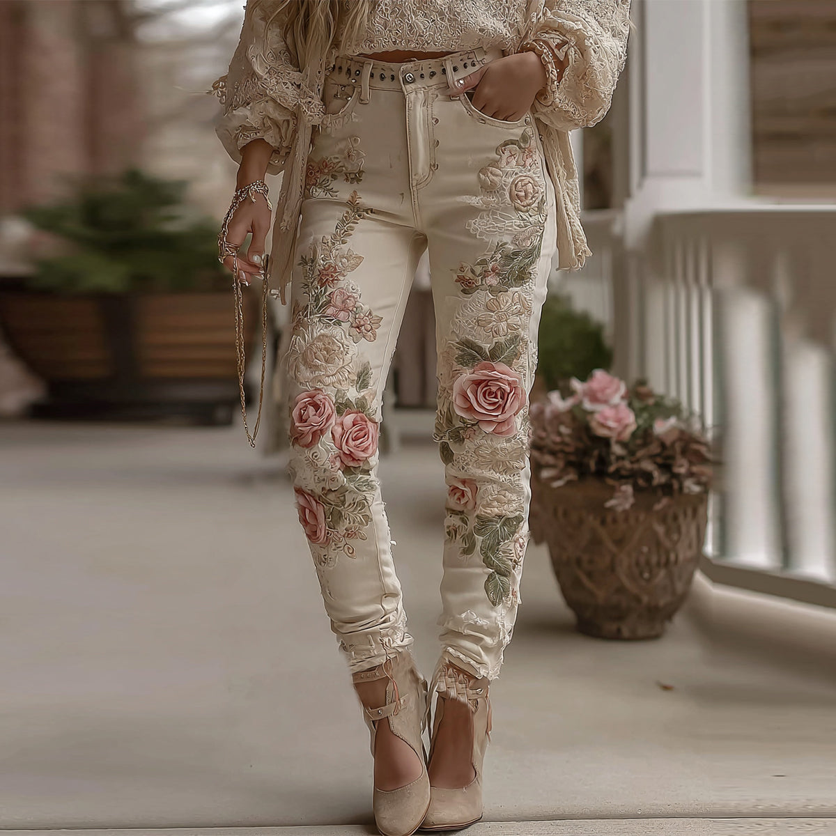 Women's Vintage Rose Floral Embroidery Art Casual Jeans artswardrobe