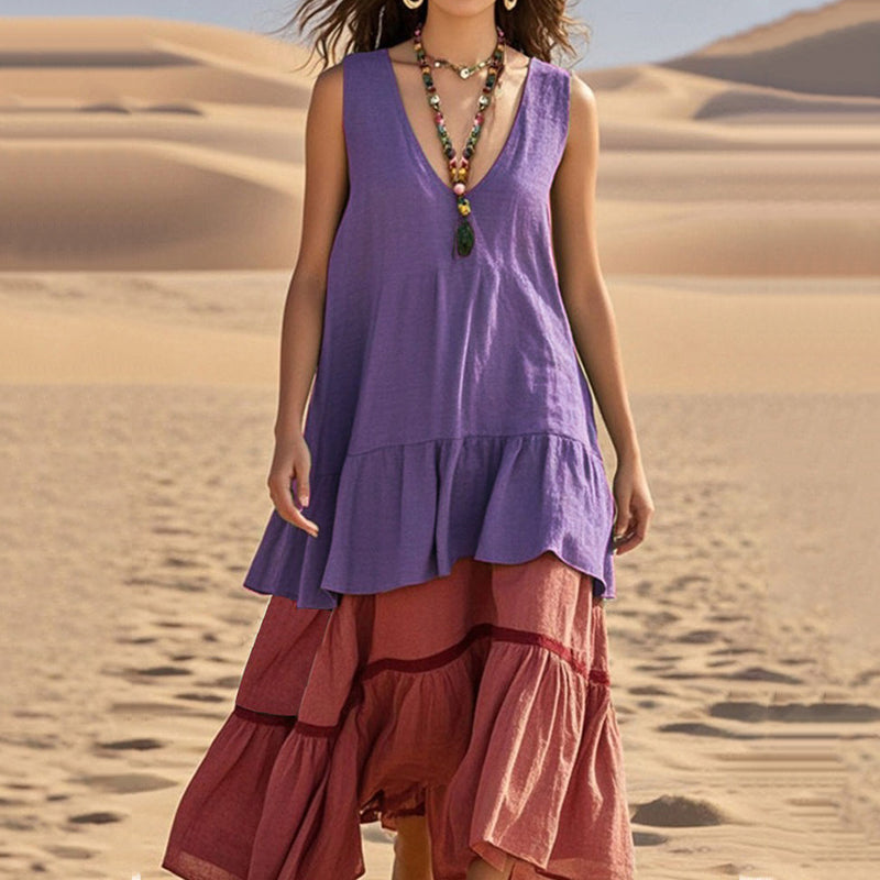Women's Retro Casual Stitching Contrast Color Linen Sleeveless Dress artswardrobe