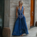 Comstylish Vintage Celtic Tree Of Life Indigo Batik Art Linen Maxi Dress