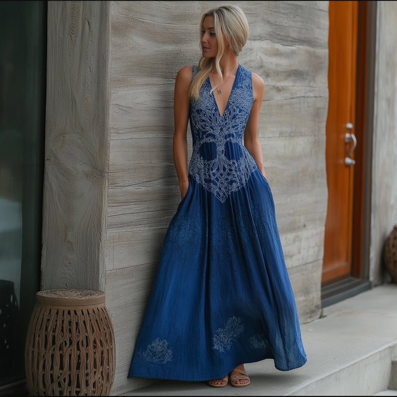Comstylish Vintage Celtic Tree Of Life Indigo Batik Art Linen Maxi Dress