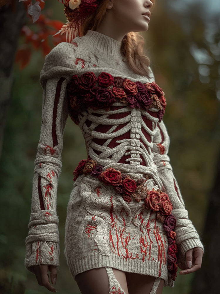 Comstylish Women Halloween Skeleton And Rose Red Skirt