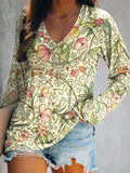 Women's Casual Vintage Floral Art Print V Neck Long Sleeve Tops