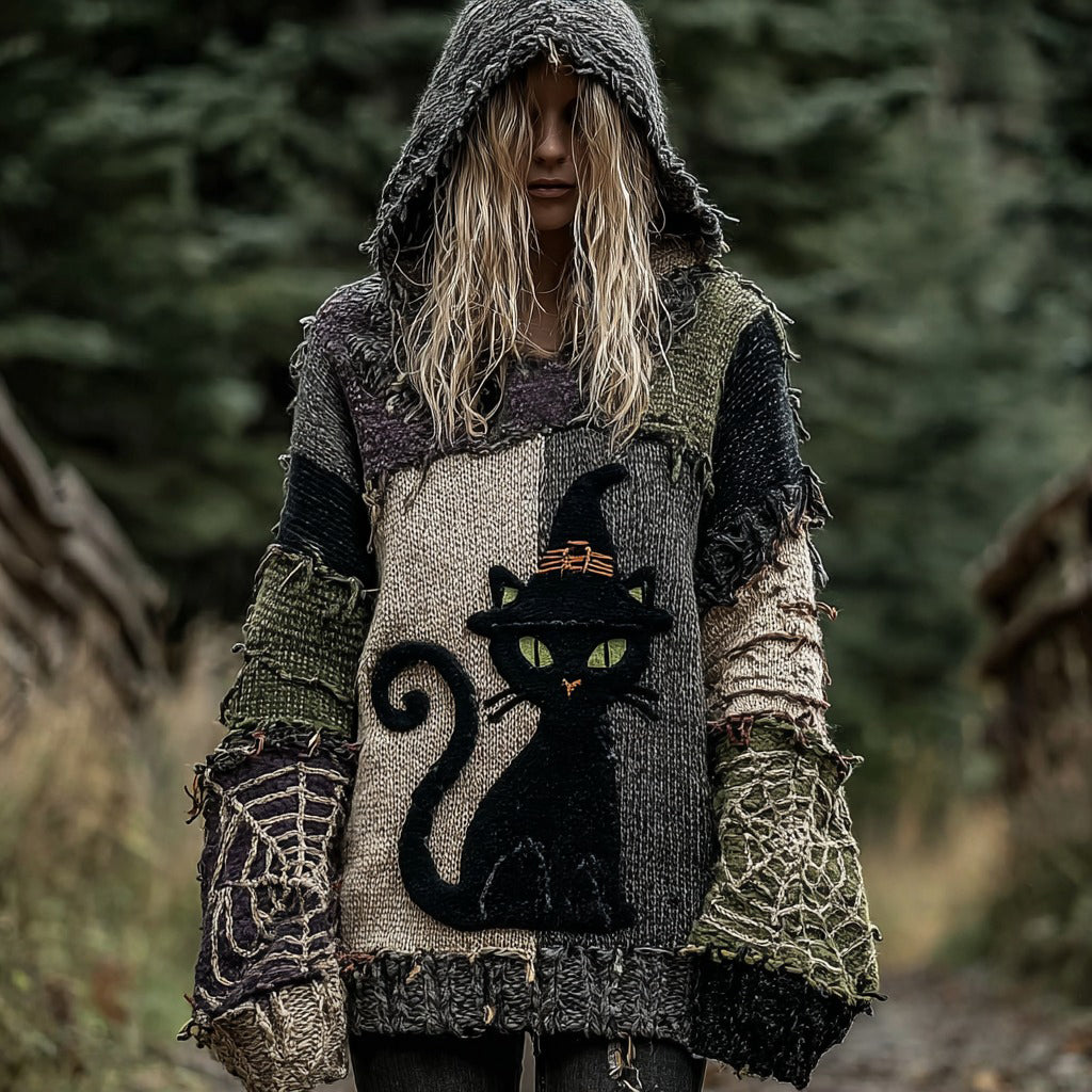 Halloween Scared Black Cat Patchwork Stitched Cozy Knit Hooded artswardrobe