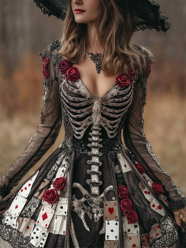Comstylish Vintage Skeleton & Pokers Red Roses Glitter Flowy Mini Dress