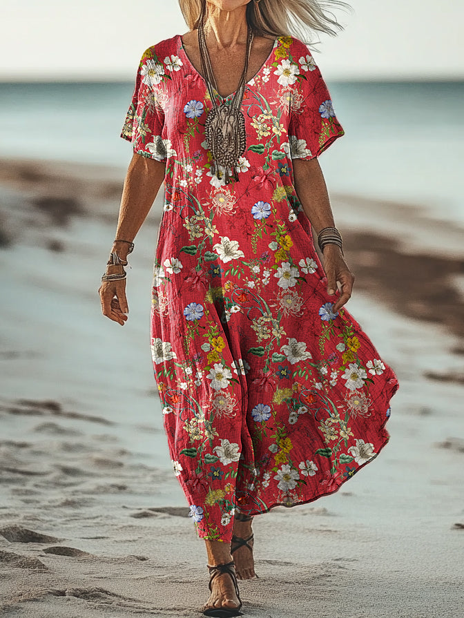 Women's Vintage Floral Art Print Pocket Cotton Dress