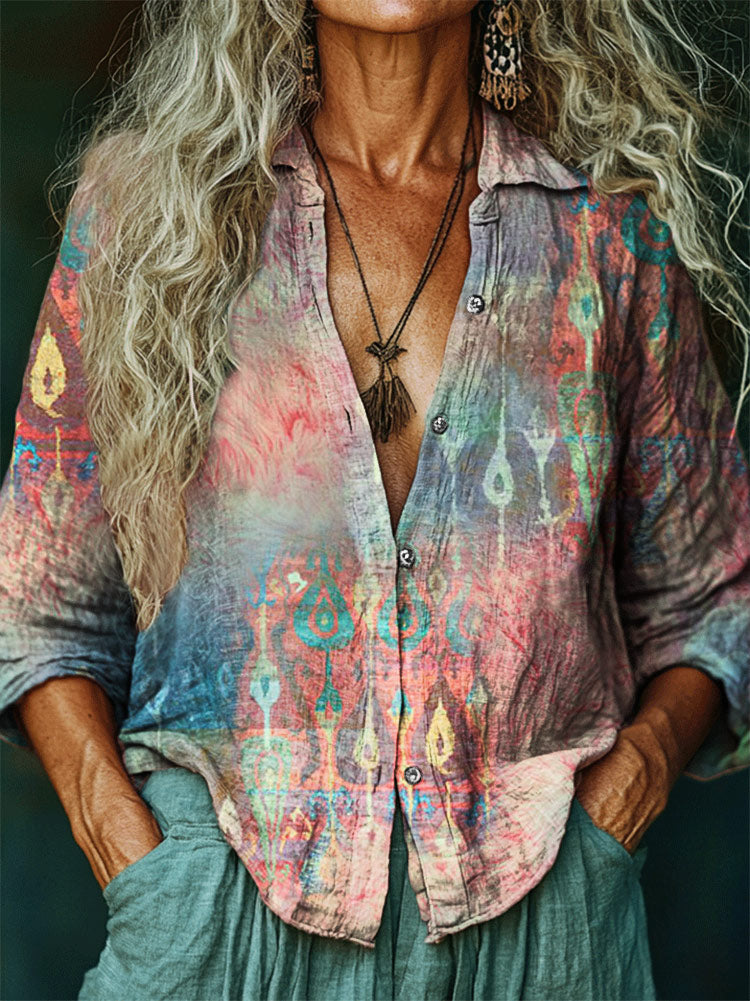 Women's Hippie Art Painting Print V-Neck Shirt