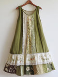 Floral Pattern Lace Patchwork Linen Blend Dress artswardrobe