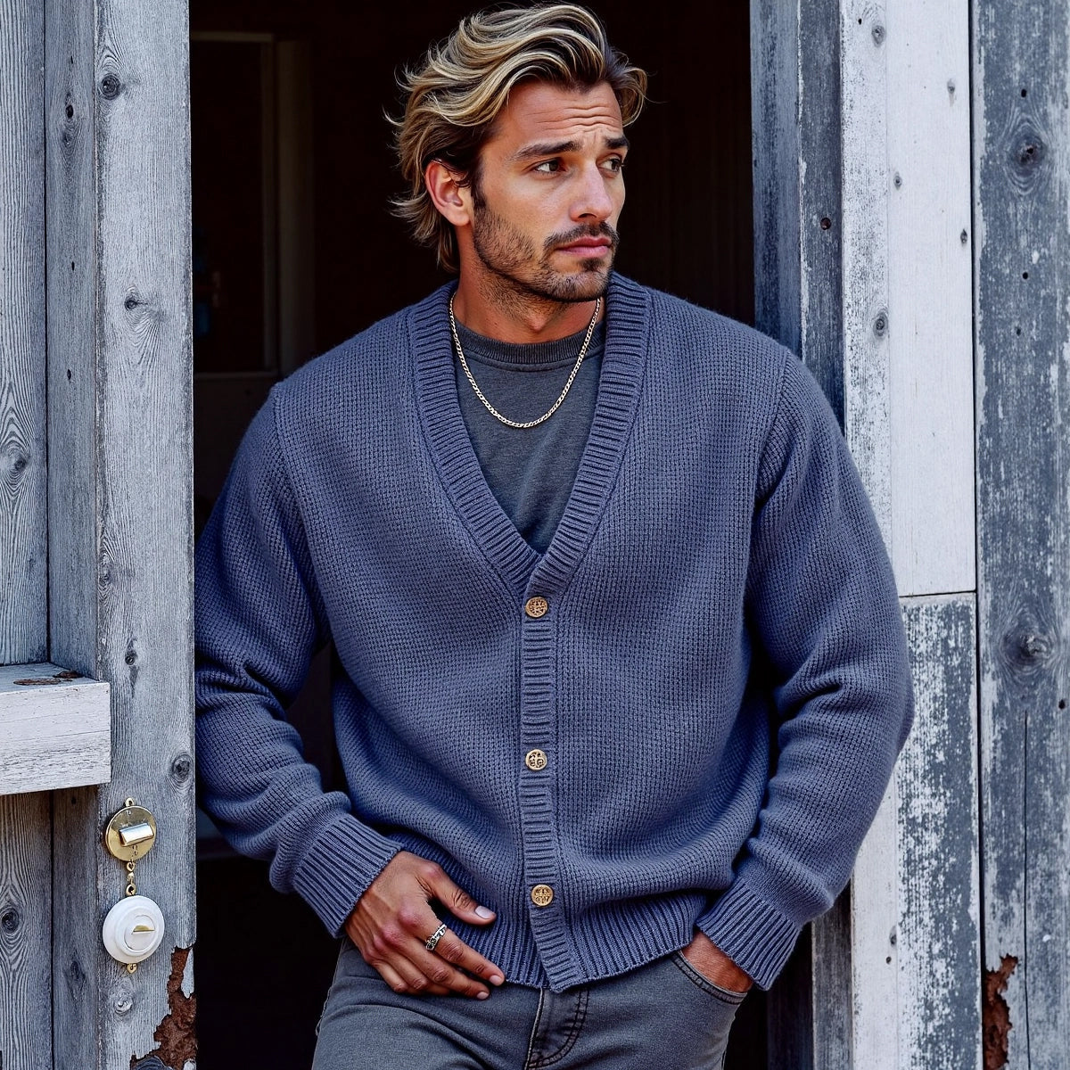 Men's Solid Color V-Neck Button Sweater Cardigan elevenforest