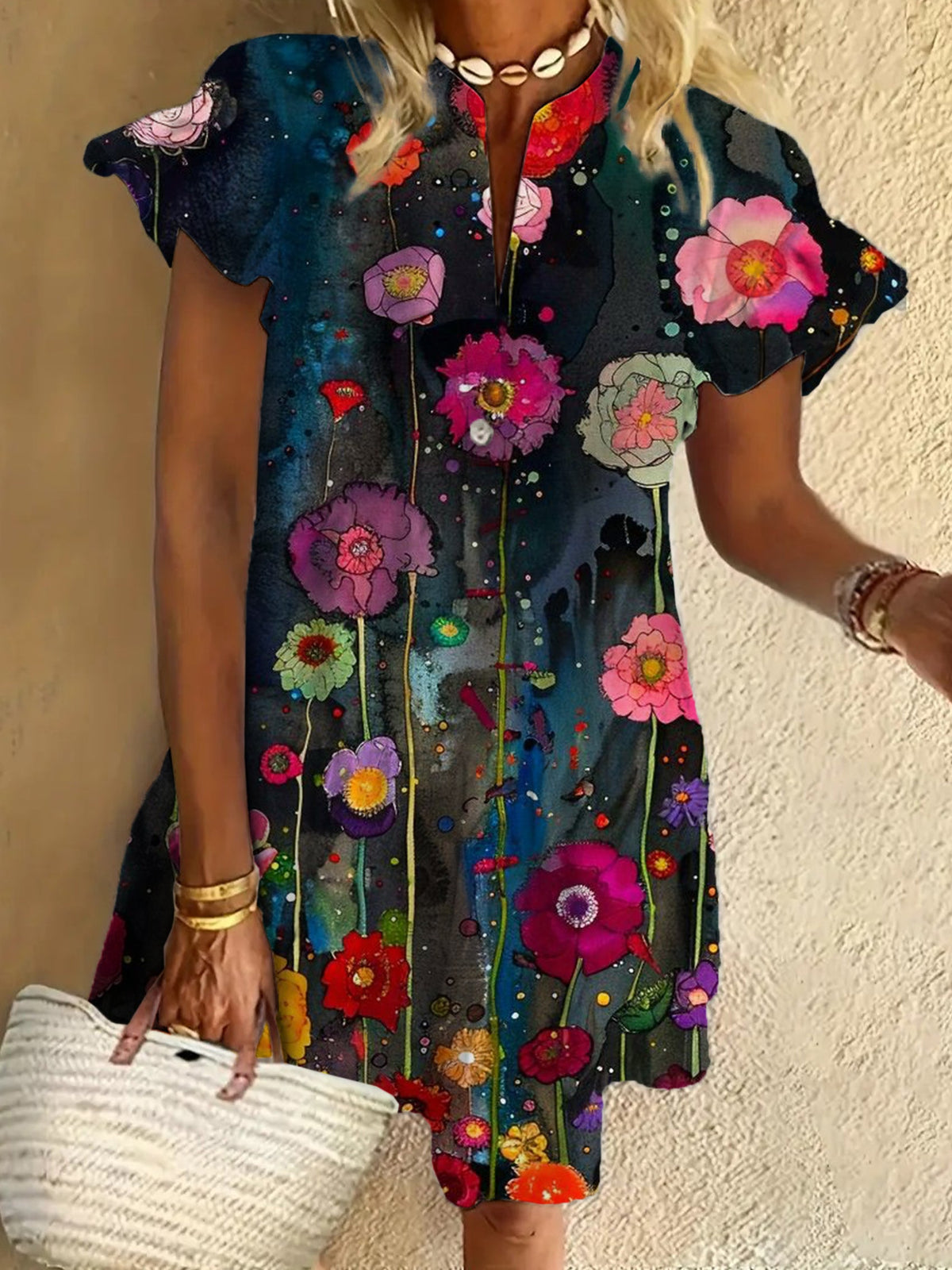 Flower Print Ruffled Short-sleeved V-neck Buttoned Dress Vacation Beach Dress