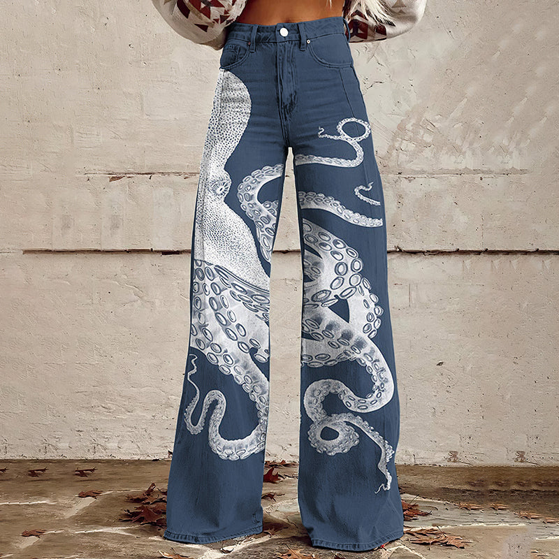 Comstylish Japanese Art Octopus Print Wide Leg Jeans