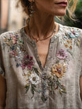 Bohemian Style Multi-colored Flower Three-dimensional Embroidery Vintage Cotton And Linen Elegant V-neck Short-sleeved Shirt artswardrobe