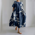 Comstylish Women Japanese Floral Art Printed Crew Neck Midi Dress