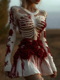 Comstylish Women's Halloween Skeleton And Scarlet Rose Round Neck Dress