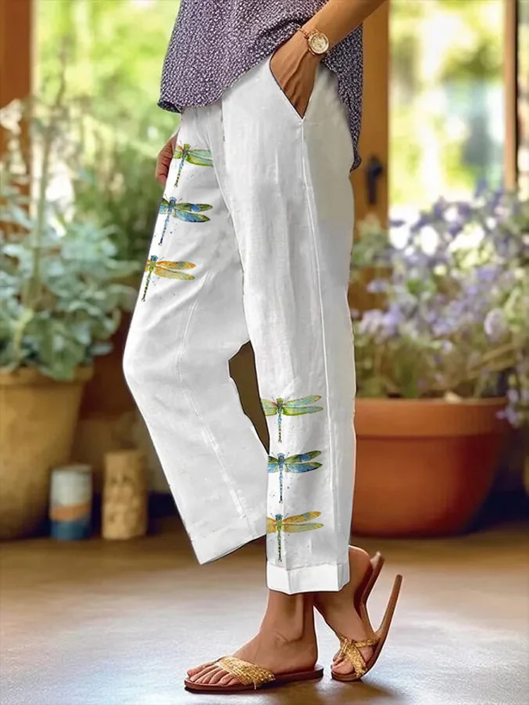 Comstylish Women's Watercolor Dragonfly Print Casual Pants
