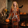 Comstylish Vintage Halloween Skeleton Bones With Roses Flowy Velvet Maxi Dress