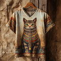 Retro Ancient Egyptian Cute Cat Art Linen Cotton Blend T-shirt
