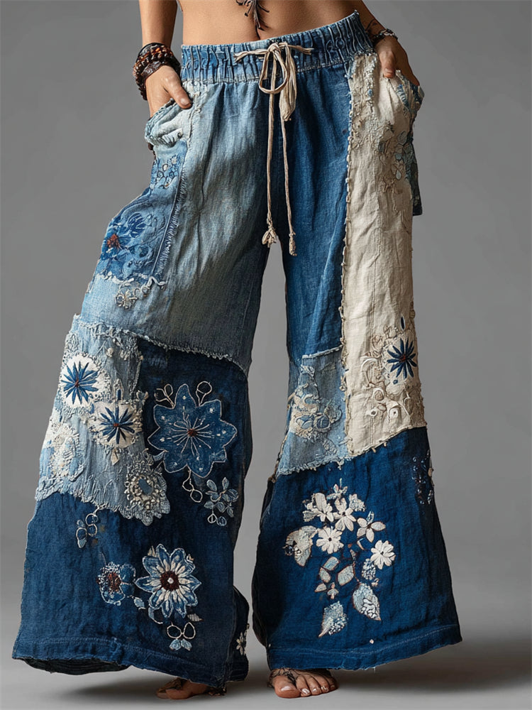 Comstylish Boho Floral Lace Fiber Art Patchwork Flowy Wide Leg Pants
