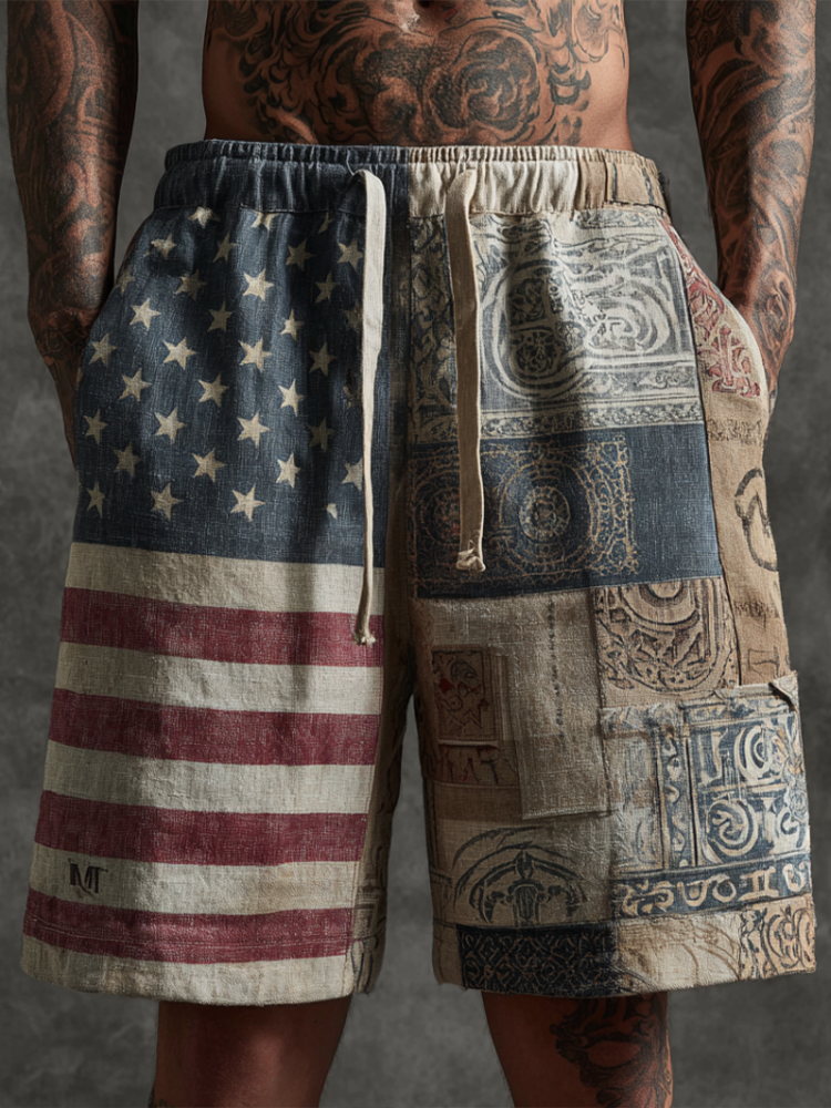 American Independence Day Western Style Retro Cotton And Linen Shorts artswardrobe