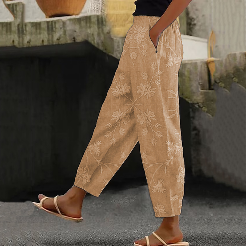 Women's Vintage Floral Art Linen Casual Pants artswardrobe