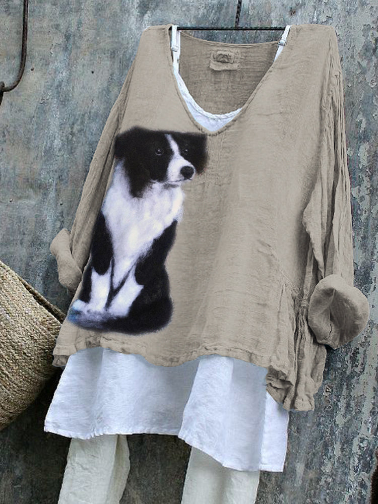 Comstylish BorderCollie Dog Fuzzy Felt Art Linen Blend Tunic