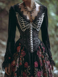 Comstylish Vintage Skeleton Red Roses Embroidered Velvet Maxi Dress