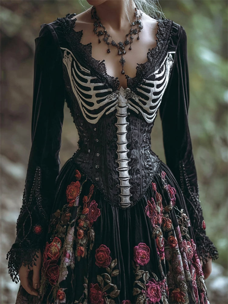 Comstylish Vintage Skeleton Red Roses Embroidered Velvet Maxi Dress
