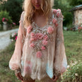Boho Gauze Floral Sequin Embroidery Vintage Gradient Women's Flowing Long Sleeve Shirt artswardrobe