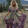 Vintage Gradient Purple Pansy Embroidered Linen Maxi Dress artswardrobe