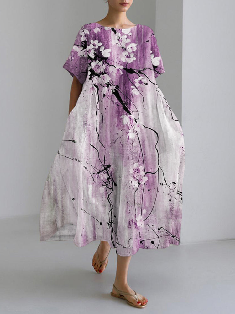 Comstylish Vintage Ink Flower Print Linen Maxi Dress