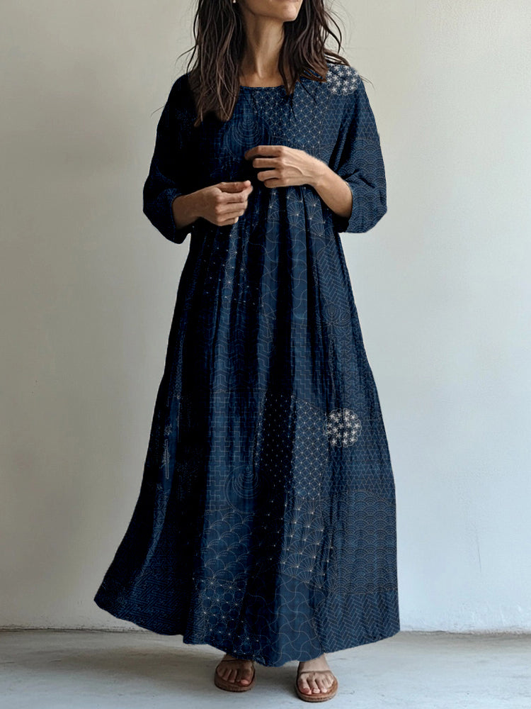 Comstylish Japanese Traditional Sashiko Art Linen Blend Maxi Dress