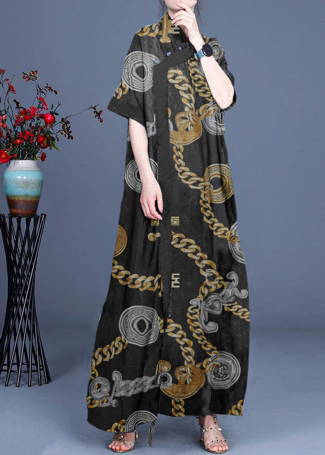 Classy Black Polka Dots Patchwork Oriental Long Dress Summer