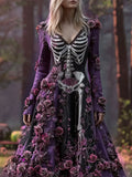 Comstylish Halloween Skeleton Floral Art Women's V-neck Long-sleeve Maxi Dress