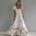 Comstylish Women's Vintage Boho Floral Art Short-sleeved Maxi Dress
